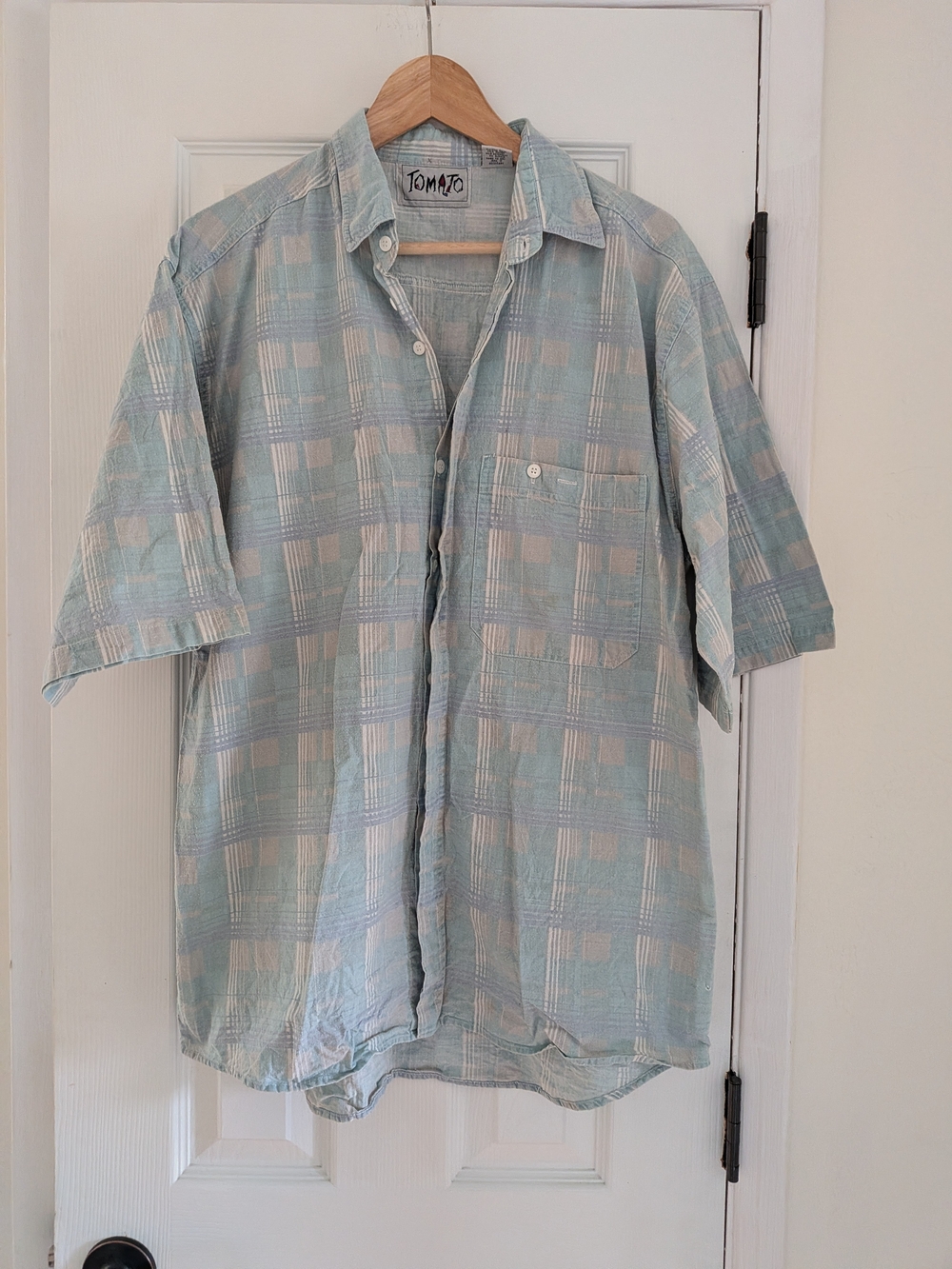Vintage Tomato Mens Blue/Grey Plaid Short Sleeve Button Up Shirt Size Large